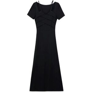 Women's A-Line Midi Dress with A V-Neck Short Sleeves and Hollow Out Med